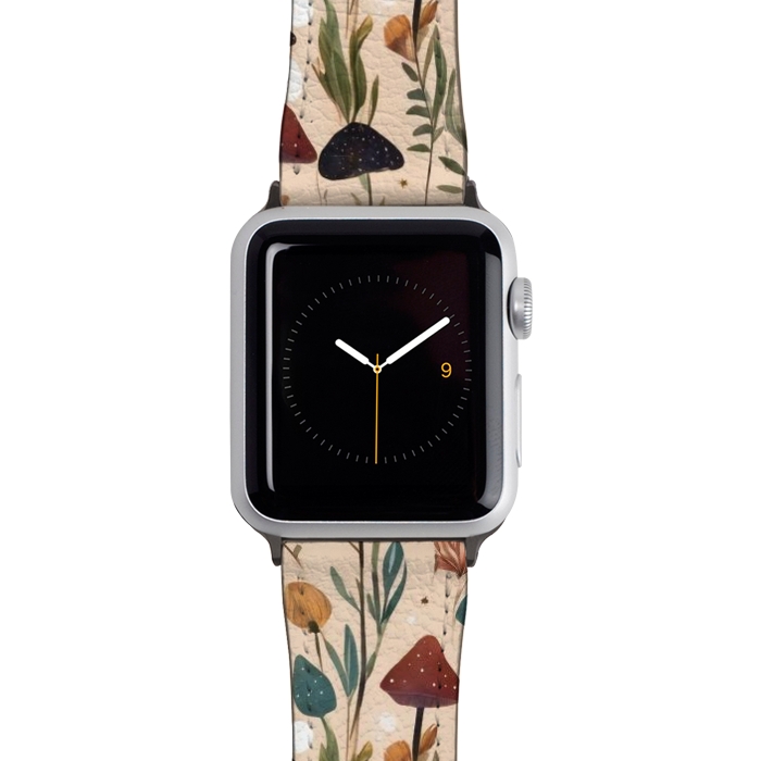 Watch 42mm / 44mm Strap PU leather Mushrooms pattern - mushrooms and leaves cottagecore illustration by Oana 