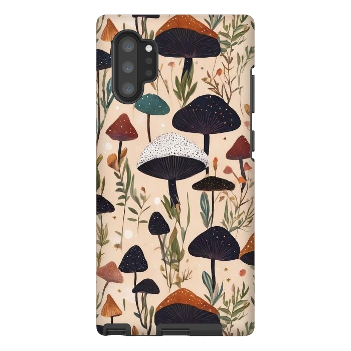 Galaxy Note 10 plus StrongFit Mushrooms pattern - mushrooms and leaves cottagecore illustration by Oana 