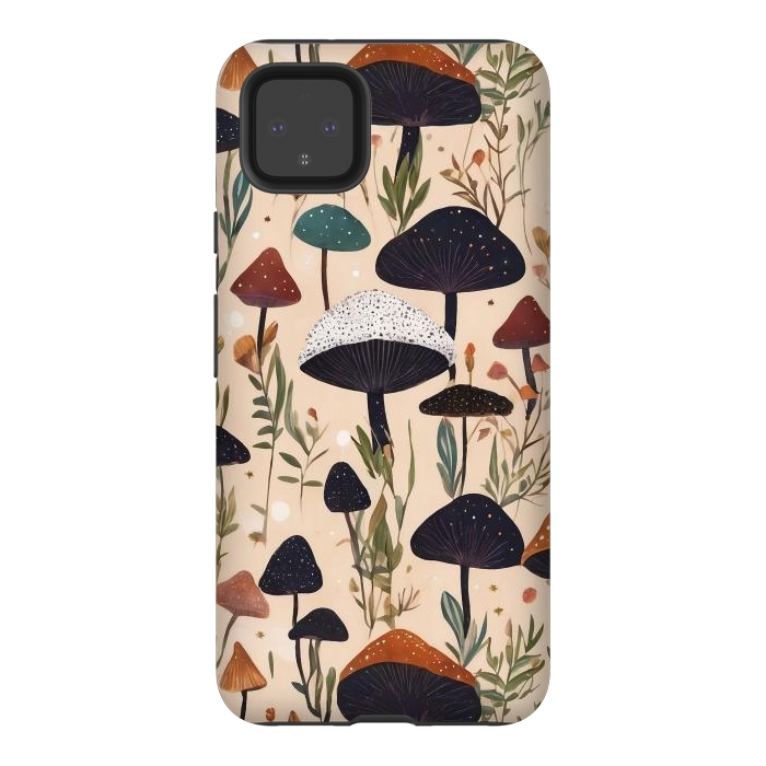 Pixel 4XL StrongFit Mushrooms pattern - mushrooms and leaves cottagecore illustration by Oana 