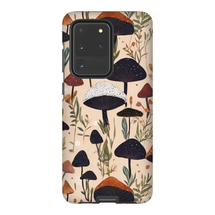 Galaxy S20 Ultra StrongFit Mushrooms pattern - mushrooms and leaves cottagecore illustration by Oana 