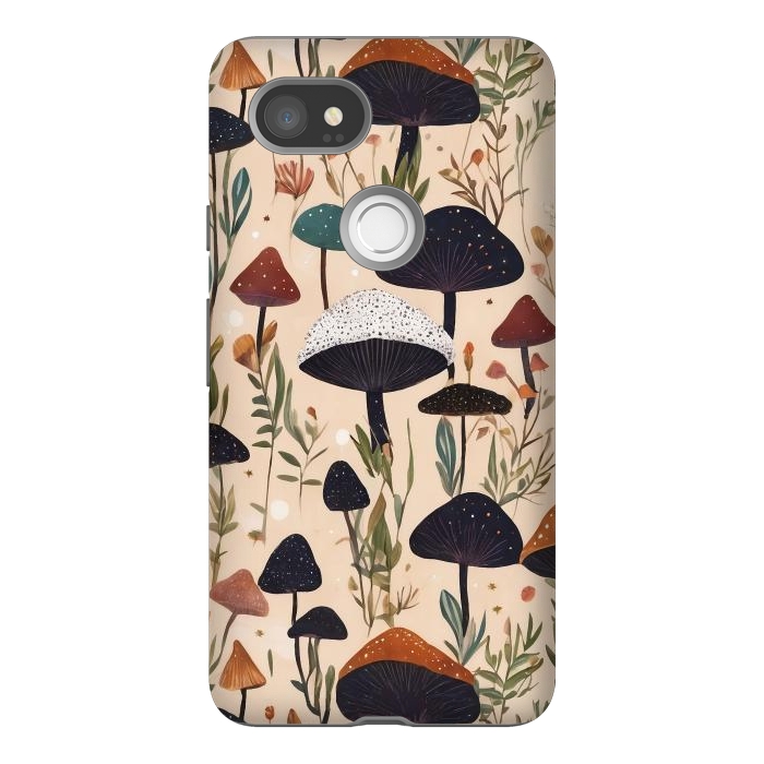 Pixel 2XL StrongFit Mushrooms pattern - mushrooms and leaves cottagecore illustration by Oana 