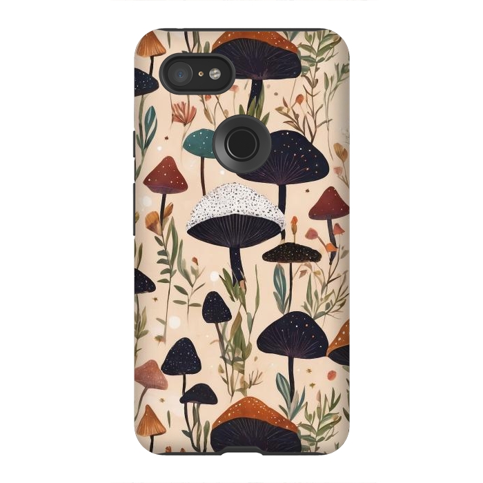 Pixel 3XL StrongFit Mushrooms pattern - mushrooms and leaves cottagecore illustration by Oana 