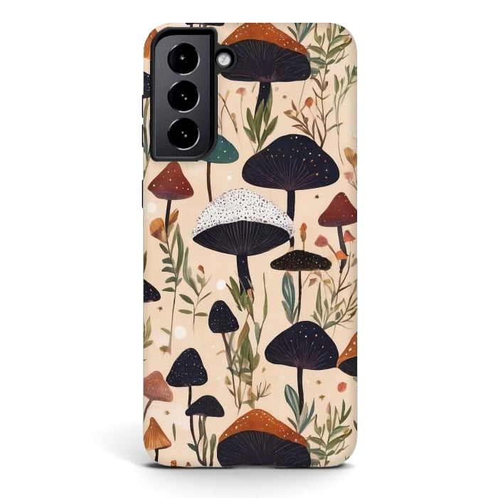 Galaxy S21 StrongFit Mushrooms pattern - mushrooms and leaves cottagecore illustration by Oana 