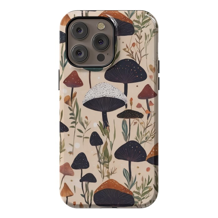 iPhone 14 Pro max StrongFit Mushrooms pattern - mushrooms and leaves cottagecore illustration by Oana 