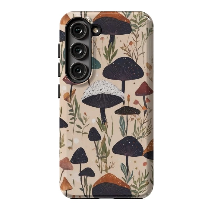 Galaxy S23 StrongFit Mushrooms pattern - mushrooms and leaves cottagecore illustration by Oana 