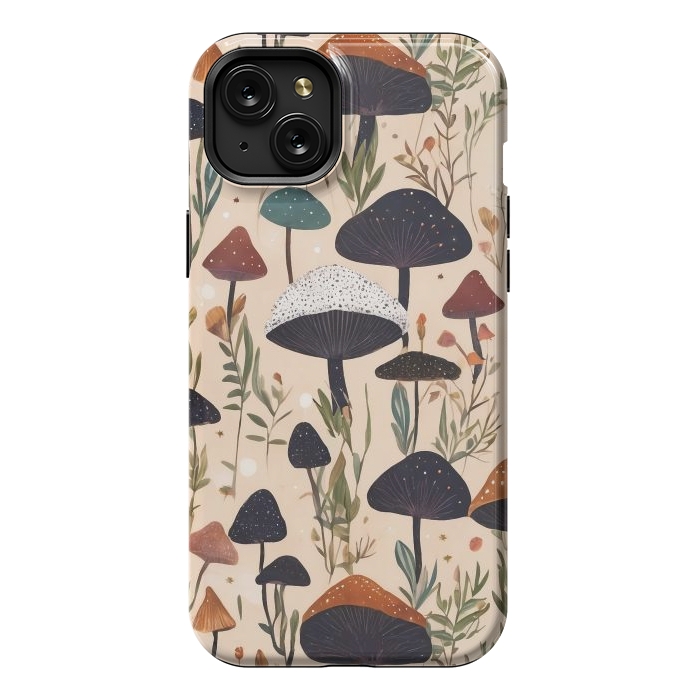 iPhone 15 Plus StrongFit Mushrooms pattern - mushrooms and leaves cottagecore illustration by Oana 