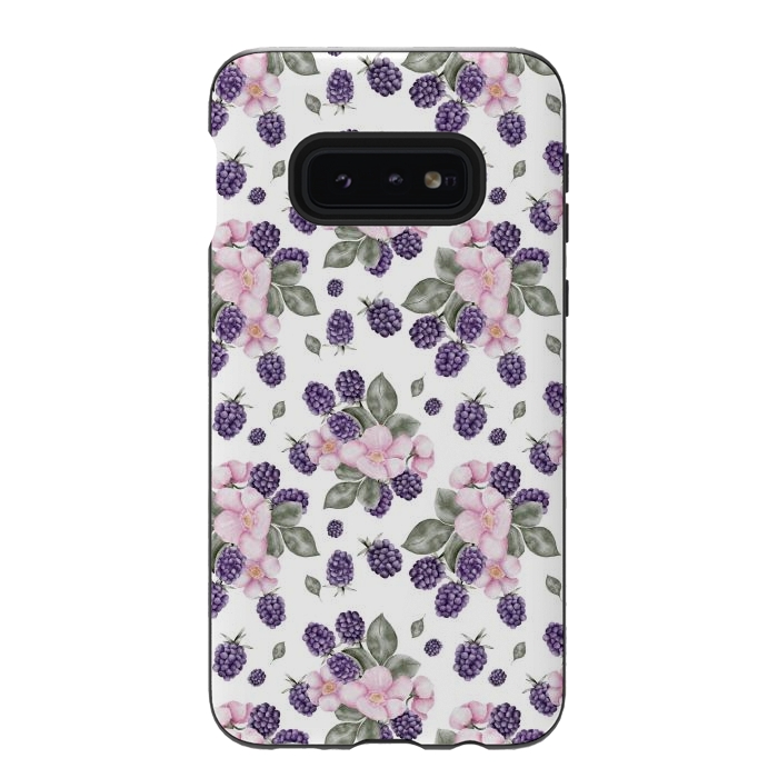Galaxy S10e StrongFit Berries and flowers, white by Flowery Stories