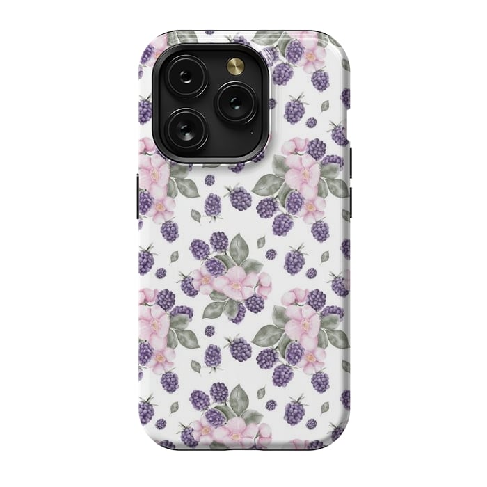 iPhone 15 Pro StrongFit Berries and flowers, white by Flowery Stories