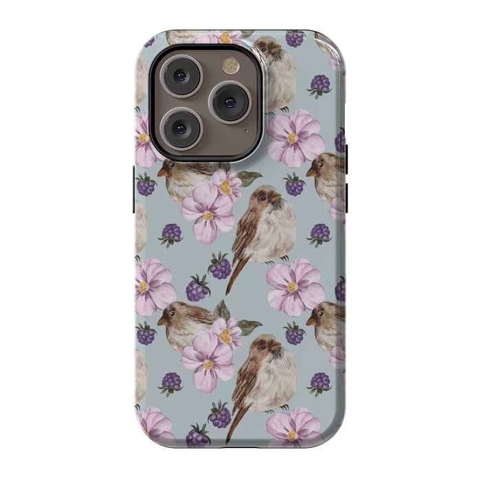 iPhone 14 Pro StrongFit Lovely birds, blue by Flowery Stories