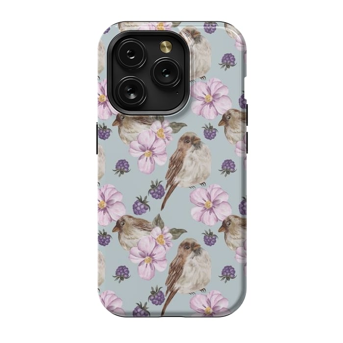 iPhone 15 Pro StrongFit Lovely birds, blue by Flowery Stories