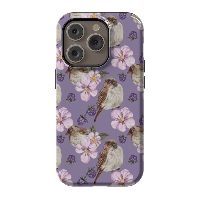 iPhone 14 Pro StrongFit Lovely birds, dark purple by Flowery Stories