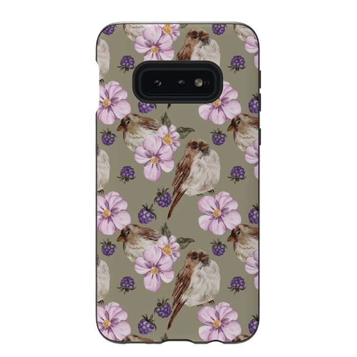 Galaxy S10e StrongFit Lovely birds, green by Flowery Stories