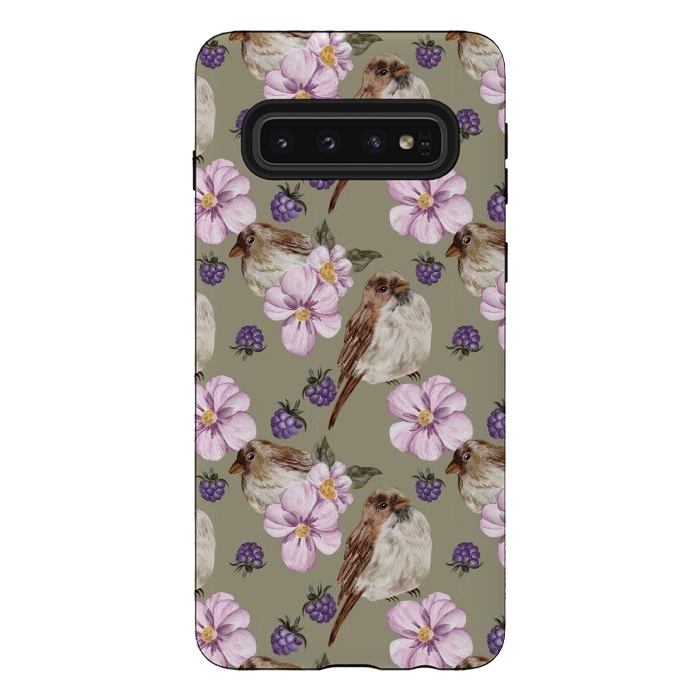 Galaxy S10 StrongFit Lovely birds, green by Flowery Stories