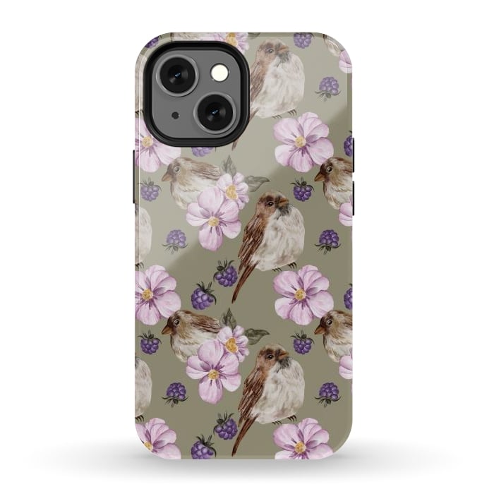 iPhone 13 mini StrongFit Lovely birds, green by Flowery Stories