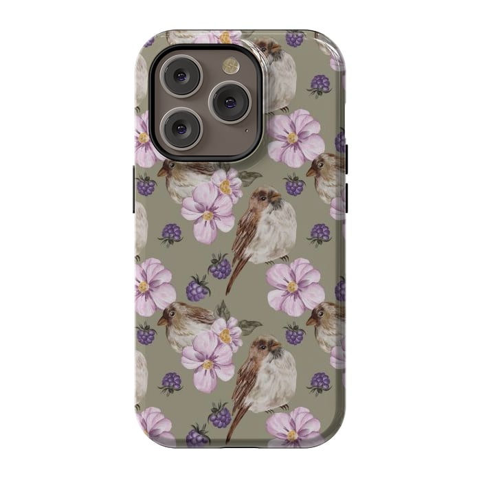 iPhone 14 Pro StrongFit Lovely birds, green by Flowery Stories