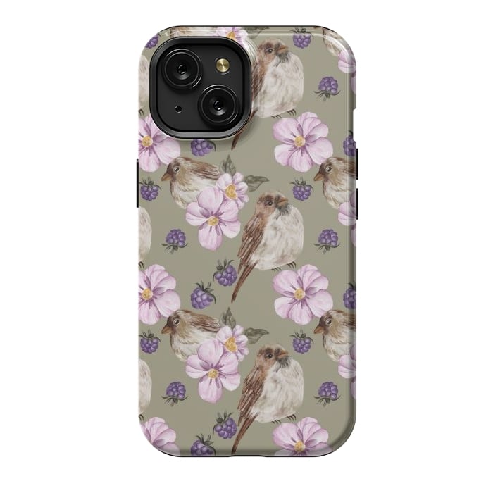 iPhone 15 StrongFit Lovely birds, green by Flowery Stories