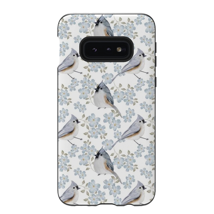 Galaxy S10e StrongFit tufted titmouse, white by Flowery Stories
