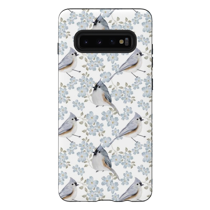 Galaxy S10 plus StrongFit tufted titmouse, white by Flowery Stories