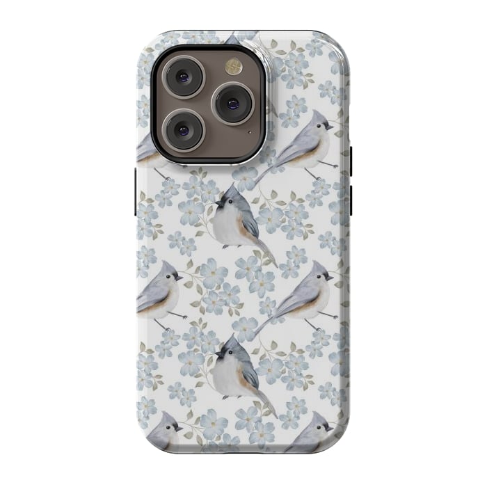 iPhone 14 Pro StrongFit tufted titmouse, white by Flowery Stories