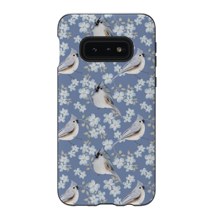 Galaxy S10e StrongFit tufted titmouse, blue by Flowery Stories