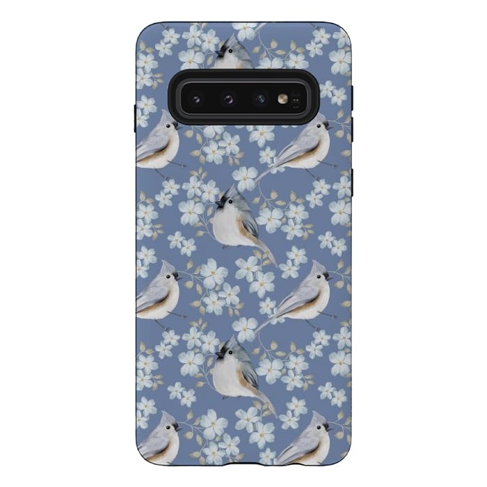 Galaxy S10 StrongFit tufted titmouse, blue by Flowery Stories