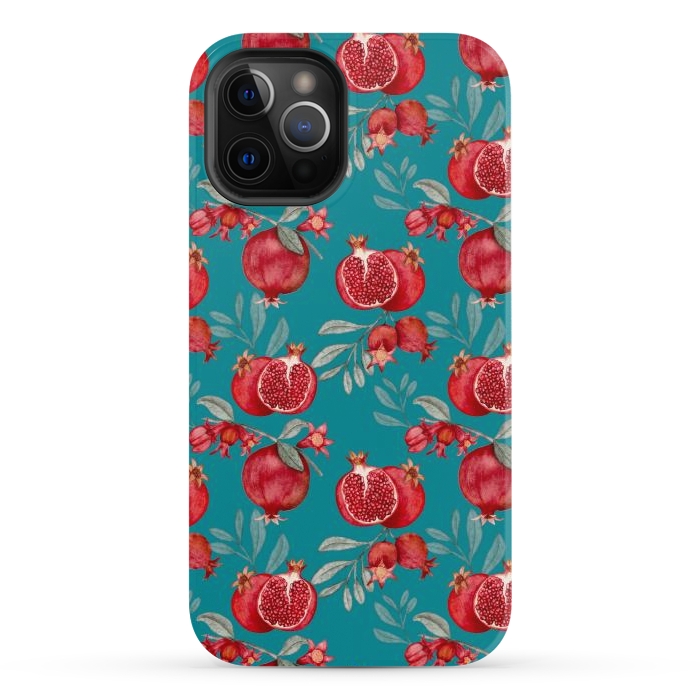 iPhone 12 Pro StrongFit Pomegranates, dark teal by Flowery Stories