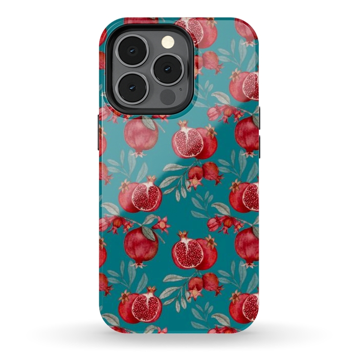 iPhone 13 pro StrongFit Pomegranates, dark teal by Flowery Stories