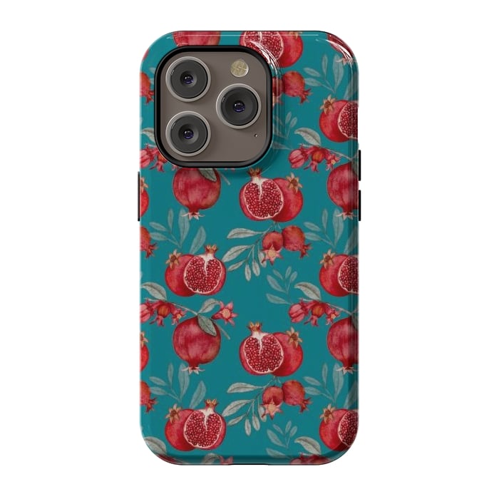 iPhone 14 Pro StrongFit Pomegranates, dark teal by Flowery Stories