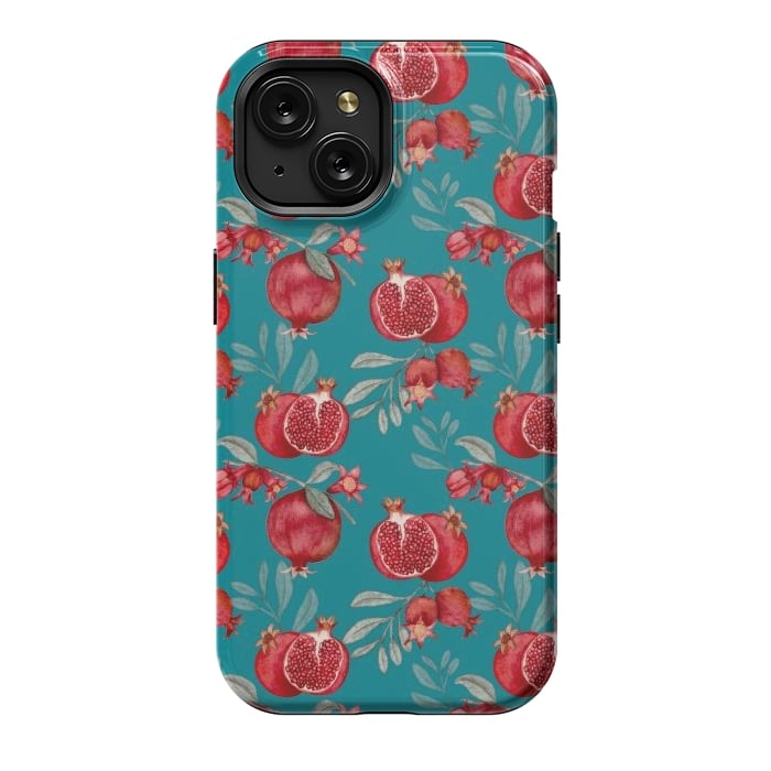 iPhone 15 StrongFit Pomegranates, dark teal by Flowery Stories