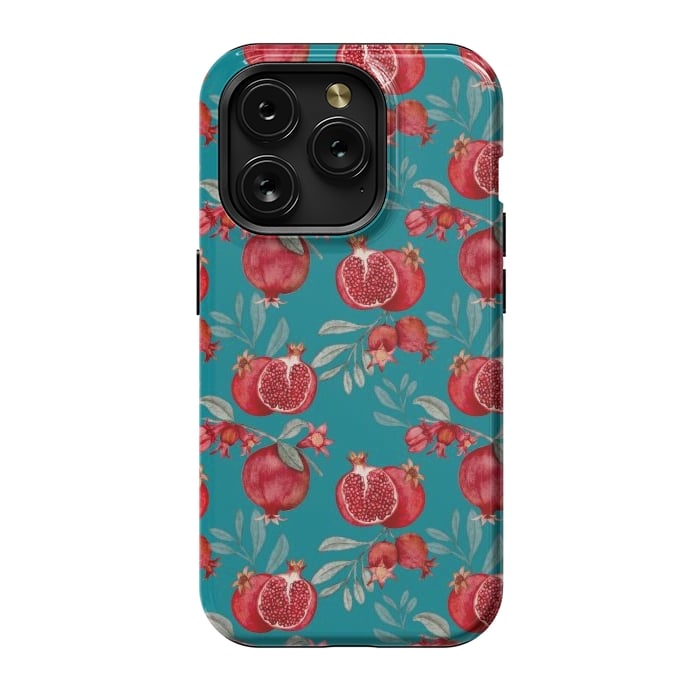 iPhone 15 Pro StrongFit Pomegranates, dark teal by Flowery Stories