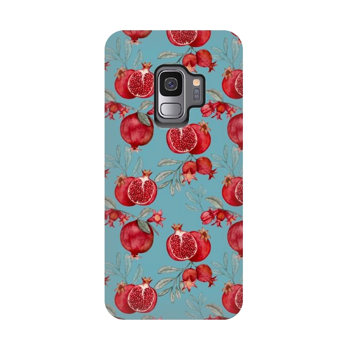 Galaxy S9 StrongFit Pomegranates, light teal by Flowery Stories