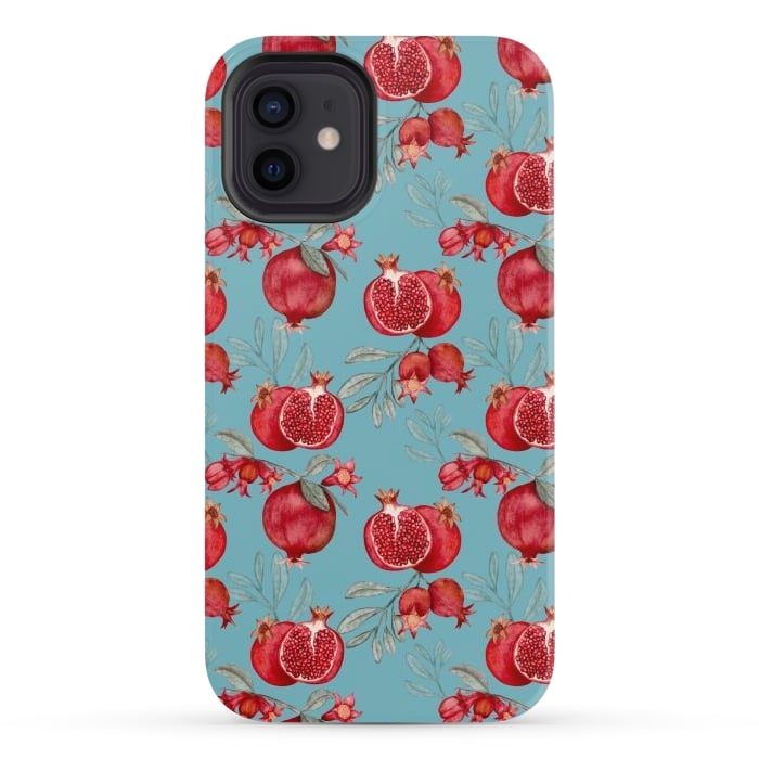 iPhone 12 StrongFit Pomegranates, light teal by Flowery Stories