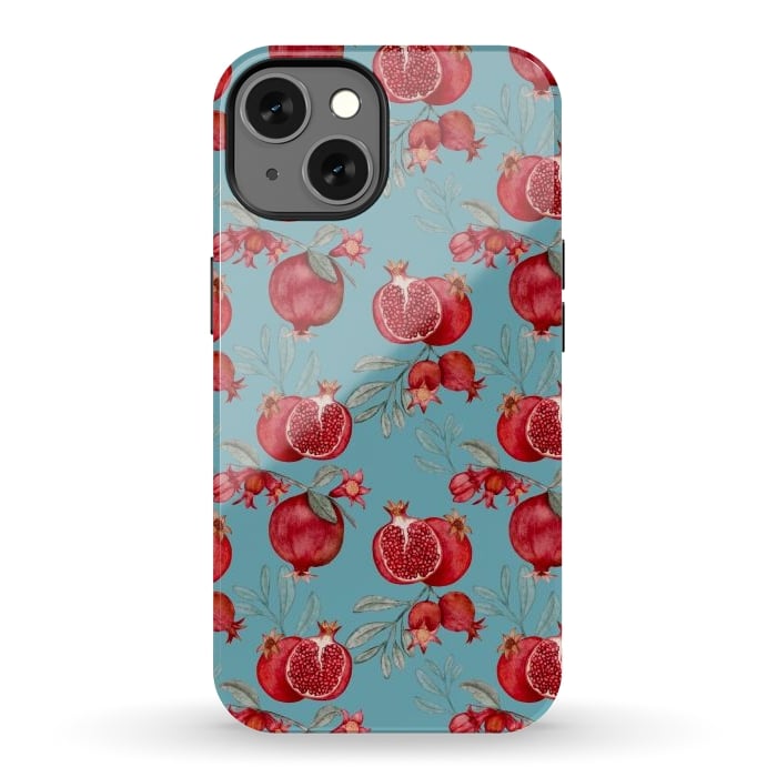 iPhone 13 StrongFit Pomegranates, light teal by Flowery Stories