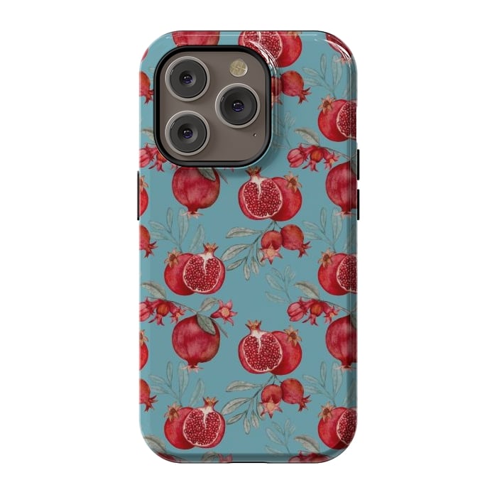 iPhone 14 Pro StrongFit Pomegranates, light teal by Flowery Stories