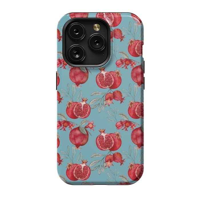 iPhone 15 Pro StrongFit Pomegranates, light teal by Flowery Stories