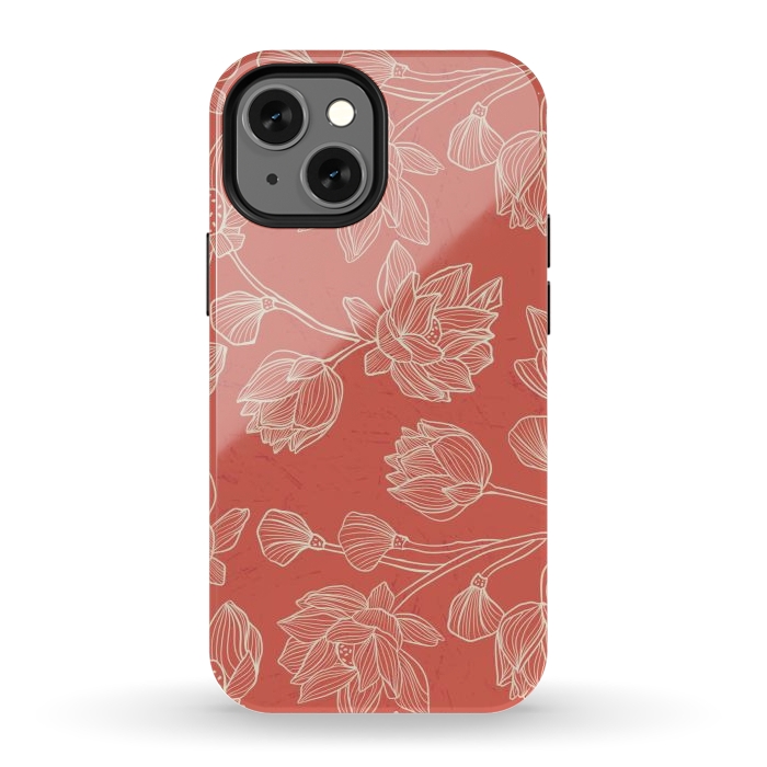 iPhone 13 mini StrongFit Coral Floral Linework by Tiny Thistle Studio