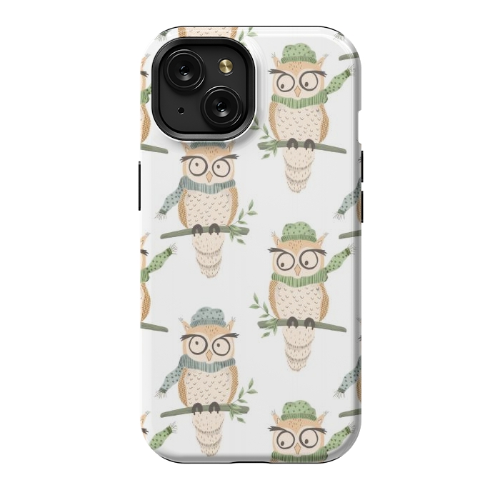 iPhone 15 StrongFit Quirky Winter Owls by Tiny Thistle Studio