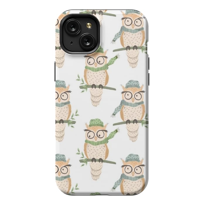 iPhone 15 Plus StrongFit Quirky Winter Owls by Tiny Thistle Studio