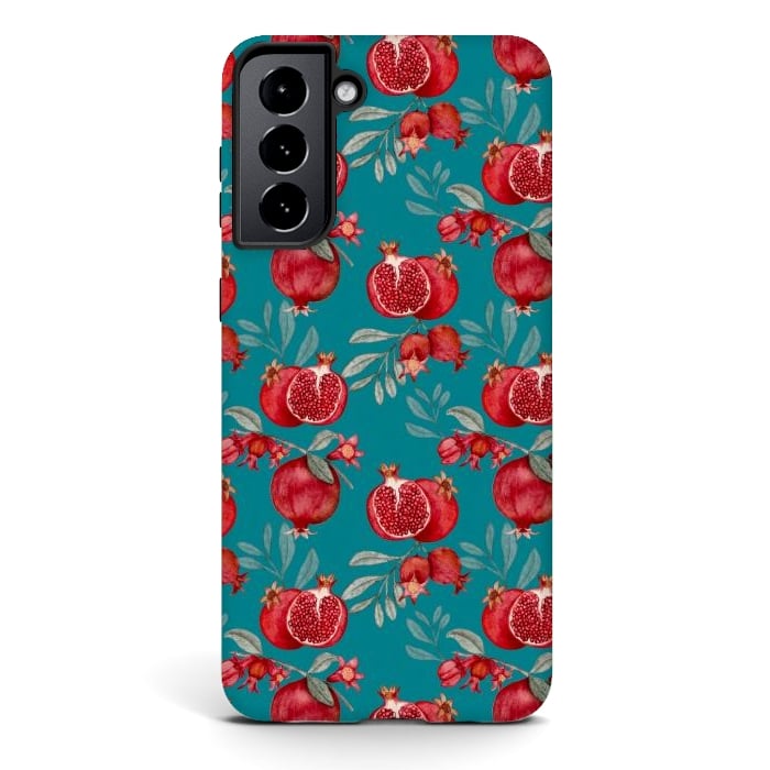 Galaxy S21 StrongFit Red fruits, dark teal by Flowery Stories