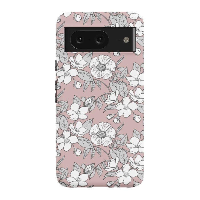 Pixel 8 StrongFit White Cherry flowers line art drawing on pink by Oana 