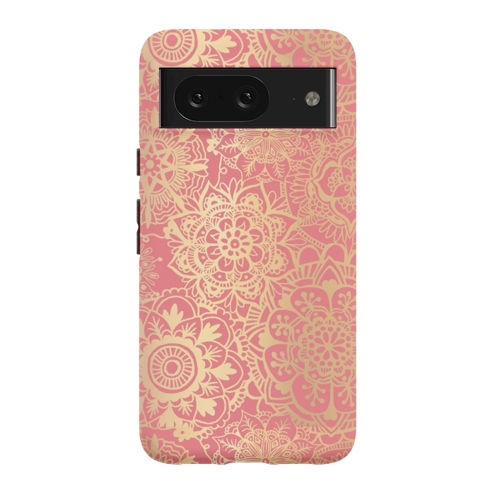 Pixel 8 StrongFit Coral Pink and Gold Mandala Pattern by Julie Erin Designs