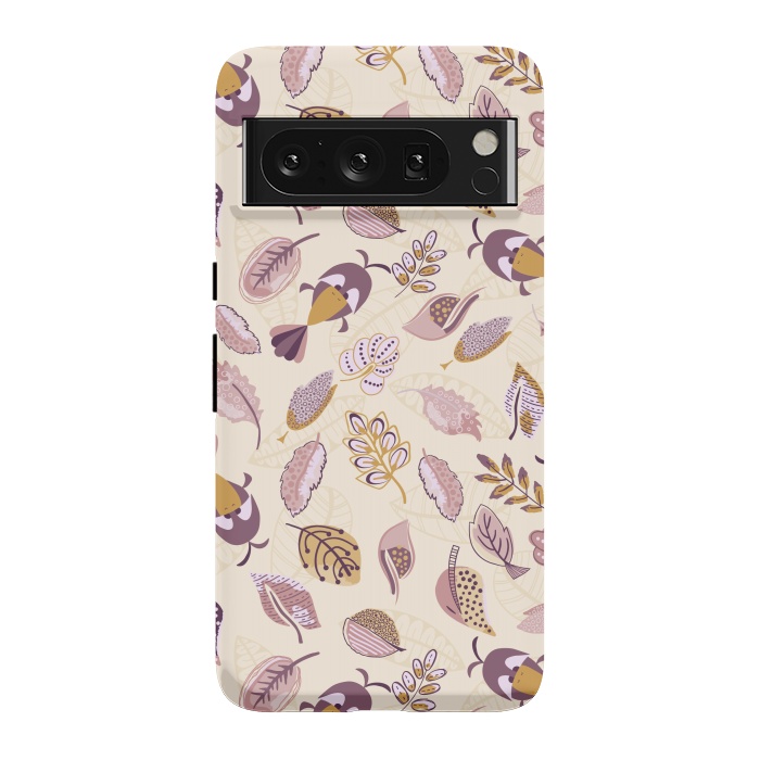 Pixel 8 Pro StrongFit Cute parrots in a fun tossed pattern with funky leaves in purple and mustard by Paula Ohreen