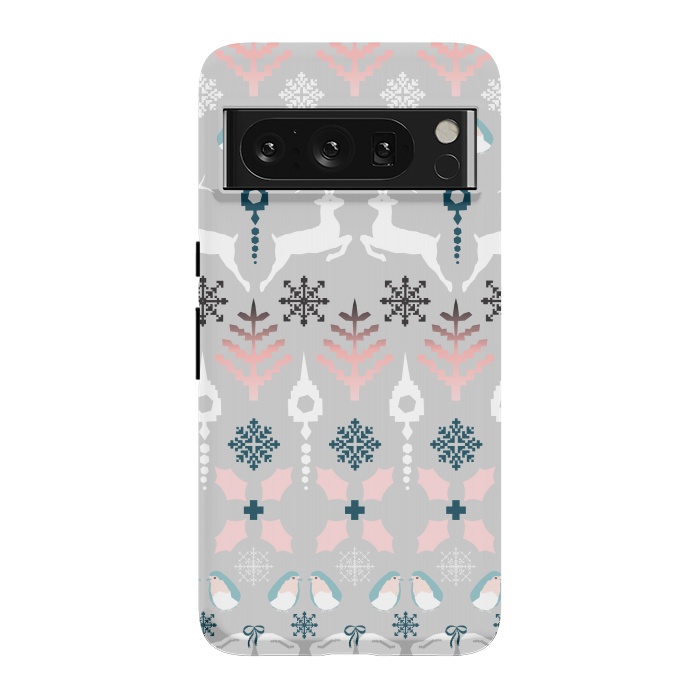 Pixel 8 Pro StrongFit Christmas Fair Isle in Grey, Pink and Blue by Paula Ohreen