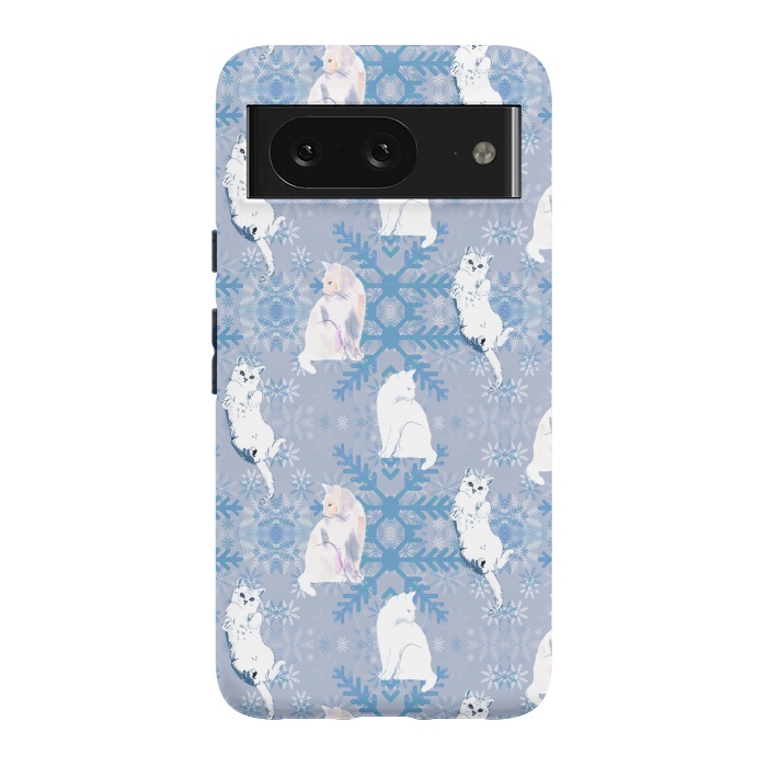 Pixel 8 StrongFit Cute white cats and blue Christmas snowflakes by Oana 