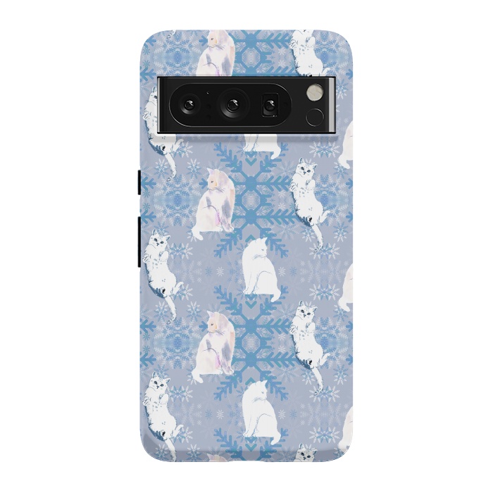 Pixel 8 Pro StrongFit Cute white cats and blue Christmas snowflakes by Oana 