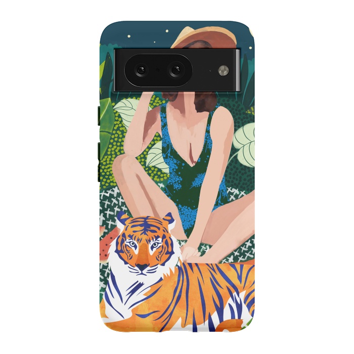 Pixel 8 StrongFit Living In The Jungle, Tiger Tropical Picnic Illustration, Forest Woman Bohemian Travel Camp Wild by Uma Prabhakar Gokhale