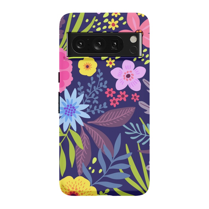 Pixel 8 Pro StrongFit Amazing seamless floral pattern with bright colorful flowers and leaves on a dark blue background by ArtsCase