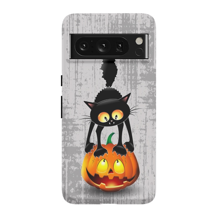 Pixel 8 Pro StrongFit Cat Fun Halloween Character Cartoon scratching a Halloween Pumpkin by BluedarkArt