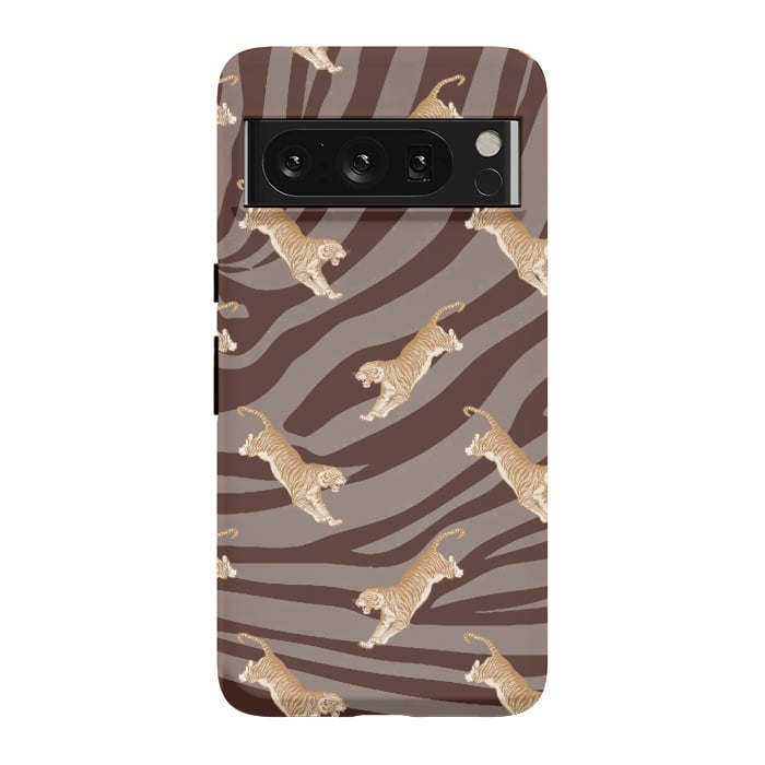 Pixel 8 Pro StrongFit Tiger pattern on brown stripes - modern animal pattern by Oana 