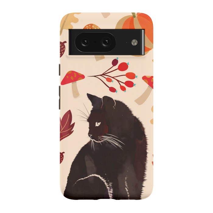 Pixel 8 StrongFit Black cat and autumn woodland pattern - leaves, mushroom, pumpkin by Oana 